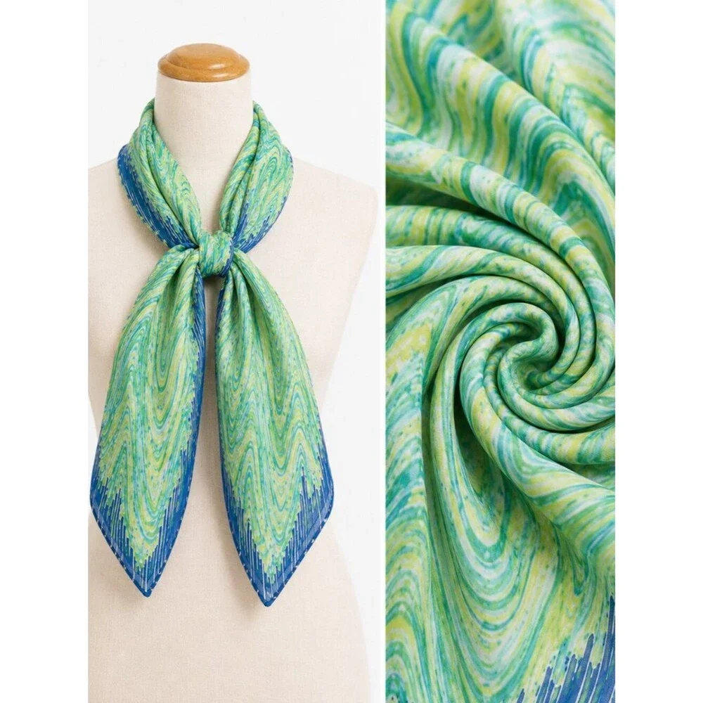 Vintage Veratepe Silk Rayon Abstract Wave Scarf Handmade in Japan Blue Green Ret